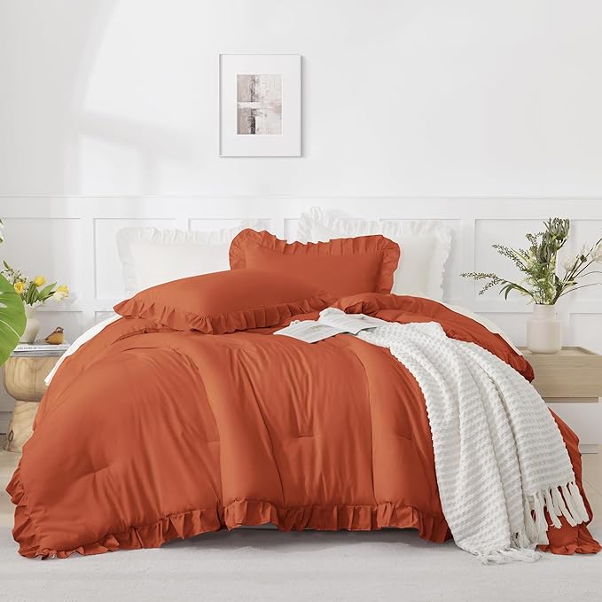 Andency Terracotta Ruffle Comforter Twin XL(68x92Inch), 2 Pieces(1 Ruffled Comforter and 1 Pillowcase) Solid Farmhouse Shabby Chic Bed, Vintage Rustic Soft Microfiber Bedding Set