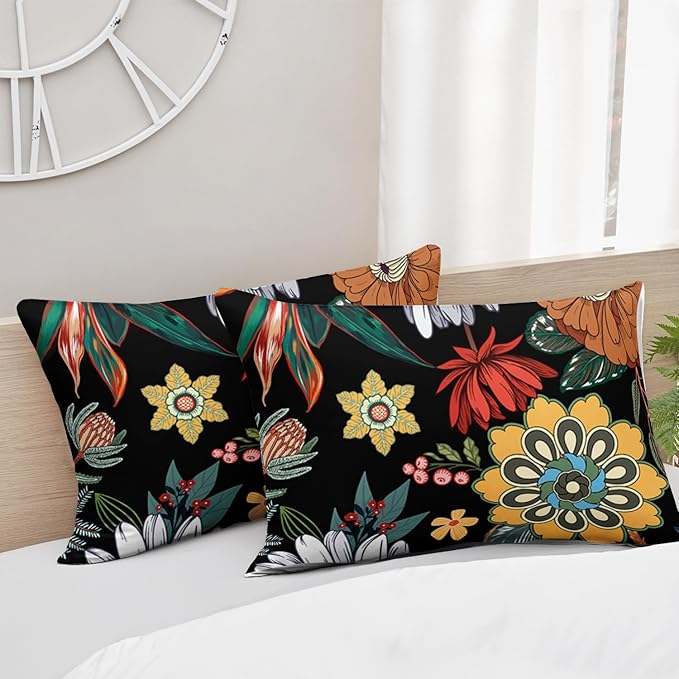 3 Pieces Colorful Floral Comforter Set,Bohemian Botanical Bedding Set King Size,All Season Lightweight Soft Microfiber Bedding with 2 Pillow Shams