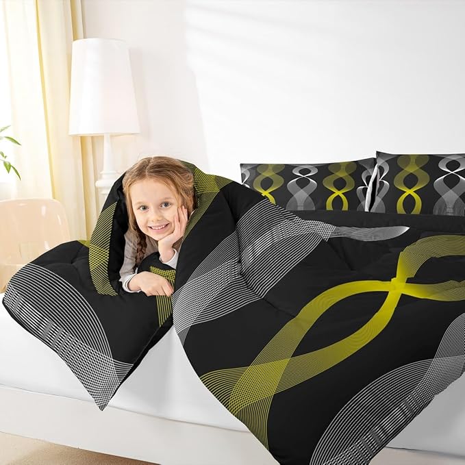 Erosebridal Black and Yellow Striped Queen Comforter Set, Modern Boho Abstract Stripes Bedding Set for Women Men Bedroom, Contemporary Geometric Lines Comforter, Gradient Aesthetic Stripe Quilt