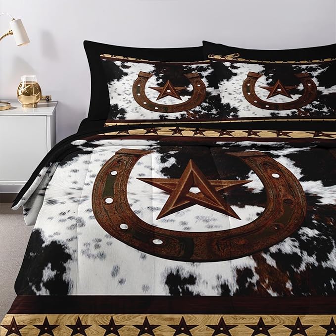 Nesker 7 Pcs Comforter Set Queen Size, Western Cowboy Texas Star Horseshoes Bedding Set for Kids and Adults, Cowhide Rustic Farmhouse Sheets Bed Sheet Sets with Fitted Sheet 2 Pillowcases & 2 Shams