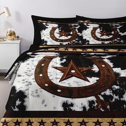 Nesker 7 Pcs Comforter Set Queen Size, Western Cowboy Texas Star Horseshoes Bedding Set for Kids and Adults, Cowhide Rustic Farmhouse Sheets Bed Sheet Sets with Fitted Sheet 2 Pillowcases & 2 Shams