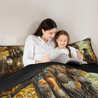 Erosebridal Pheasant Hunting Comforter Set Queen Size Black Dog Bedding Set Boho Farmhouse Wild Animals Down Comforter Woodland Leaves Hunter Gun Room Decor Quilt Set for Men Boys Adults Kid