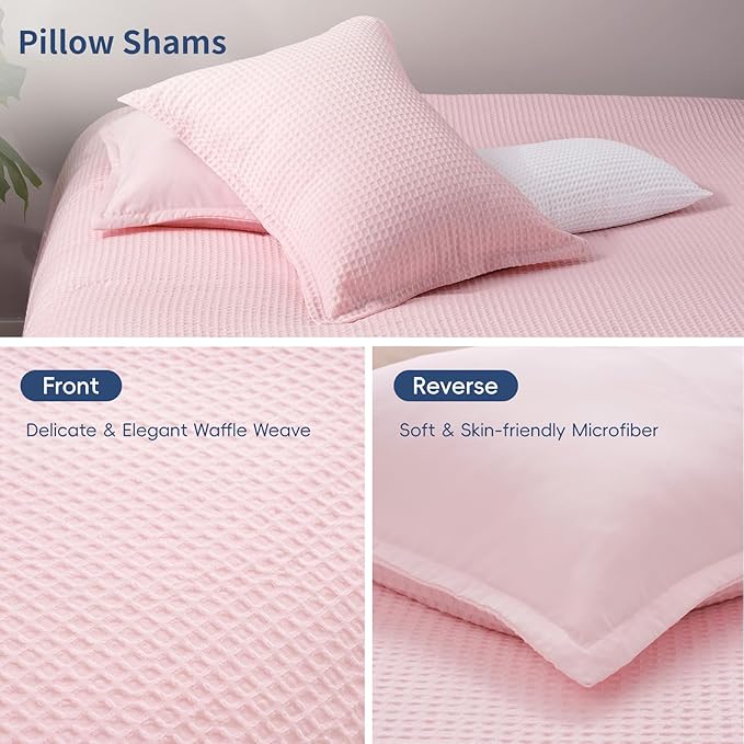 David's Home Waffle Weave Comforter Set 3PCS King Size, Soft Breathable Lightweight Cozy Skin-Friendly Warm for All Season, Elegant Aesthetic Home Decor Bedding Set with Pillow Shams, Pink