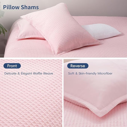 David's Home Waffle Weave Comforter Set 2PCS Twin Size, Soft Breathable Lightweight Cozy Skin-Friendly Warm for All Season, Elegant Aesthetic Home Decor Bedding Set with Pillow Shams, Pink