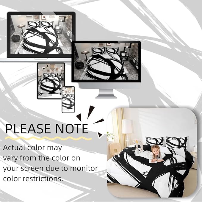 Black and White Striped Bedding Set Full Size for Adults Youth Teens,Contemporary Boho Modern Art Comforter Set,Graffiti Stripes Lines Quilt,Aesthetic Geometric Duvet Insert for Minimalists
