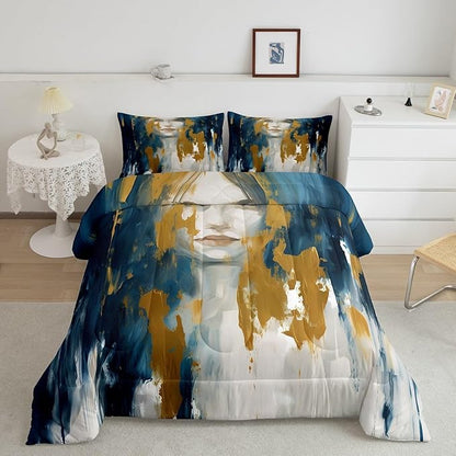 Erosebridal Aesthetic Ombre Comforter Full Abstract Girl Bedding Set, Navy Blue Yellow White Down Comforter Mid Century Oil Painting Bed Set, Watercolor Gradient Quilted Duvet Luxury