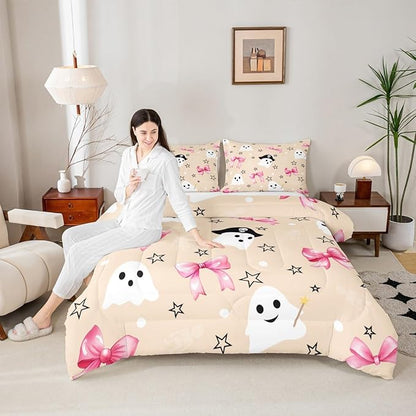 Erosebridal Halloween Ghost Comforter Set Full, Pink Bows Bedding Set, Halloween Decor Kawaii Bowknot Comforter, White Polka Dotstar Star Quilt with 2 Pillowcases for Kids Girls Women