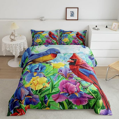Erosebridal Cardinal Bird Comforter Set Hummingbird Floral Bedding Set King Retro Watercolor Rustic Iris Flowers Quilt Comforter for Kids Adults Country Farmhouse Bed Set Colorful Home Decor