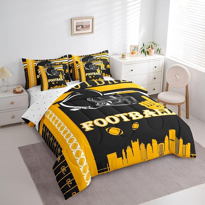 Feelyou Football 7 Pieces Comforter Sets Full Size Bedding Set for Boys Kids Teen Sports Theme Football City Bed in a Bag with Comforter, Sheets, Pillowcases & Cushion Cover