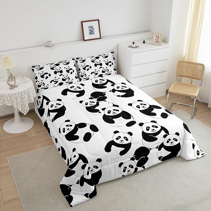 Erosebridal Cartoon Panda Comforter Set, Cute Panda Down Comforter Queen, Wildlife Animal Quilted Duvet, Animal Comforter Set for Nursery Toddler Kids Boys Girls, Soft Breathable Duvet Insert