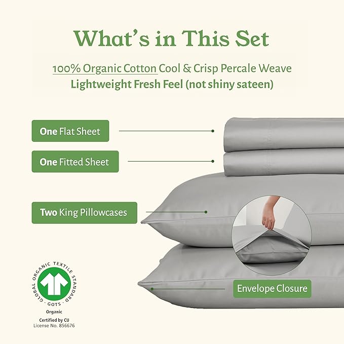 California Design Den California King Sheets Set - Soft 100% Organic Cotton Sheets with Deep Pockets, Crisp Percale, Breathable and Durable Bedding Set - Light Grey
