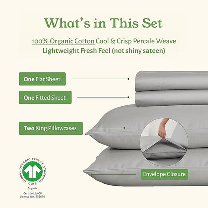 California Design Den California King Sheets Set - Soft 100% Organic Cotton Sheets with Deep Pockets, Crisp Percale, Breathable and Durable Bedding Set - Light Grey