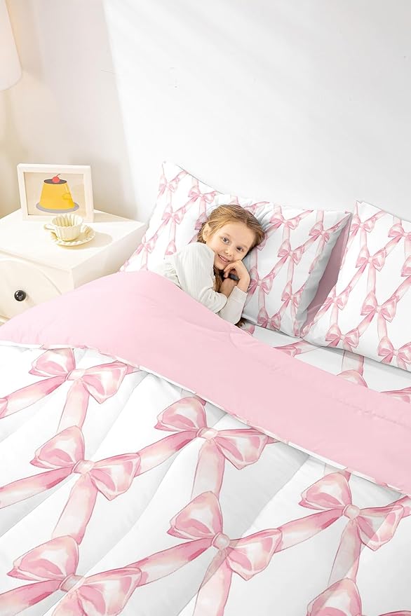 Erosebridal Ribbon Bow Bedding Set for Kids Girls Teen Women,Pink Girly Bowknot Bedding Comforter Sets Queen Cute Fantasy Princess Comforter Set Kawaii Bow Tie Bed Duvet Set 2 Pillow Cases