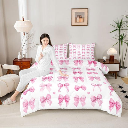 Castle Fairy Bow Comforter Set Queen Size Coquette Room Decor | Girl Bedding Sets Pink Bowknot Decor for Kids Teens Pink Watercolor Quilted Duvet Bed in a Bag 2 Pillowcase
