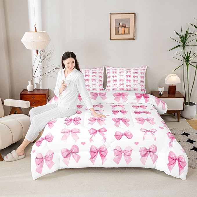 Castle Fairy Bow Comforter Set Twin Size for Girls | Girl Bedding Sets Pink Bow Room Decor Coquette Style Bowknot Decor for Kids Teens Pink Watercolor Quilted Duvet Bed in a Bag 1 Pillowcase