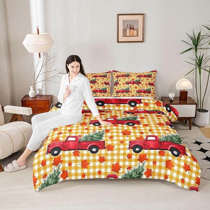 Erosebridal Christmas Comforter Set Queen, Red Truck Down Comforter, Xmas Tree Maple Leaves Bedding Set, Yellow Lattice Grid Bedding Comforters & Sets, Autum Quilt Set for Kids Teens Bedroom Decor
