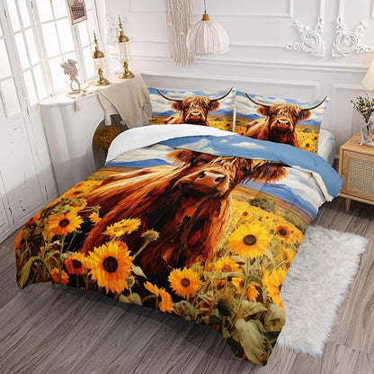 Cute Cow Print Comforter Set Full Size Sunflower Sky Cloud Cow Bedding Set Farm Animals Cow Quilt Bed Set with 1 Comforter and 2 Pillowcases for Kids Boys Girls Room Decor, D-cow1