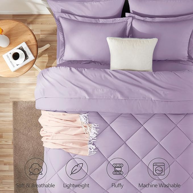 CozyLux King Size Comforter Set Light Purple - 7 Pieces Bed in a Bag King, Luxury Soft Lavender Bed Set for All Seasons, Bedding Set with Down Alternative Comforter, Sheets, Pillowcases & Shams