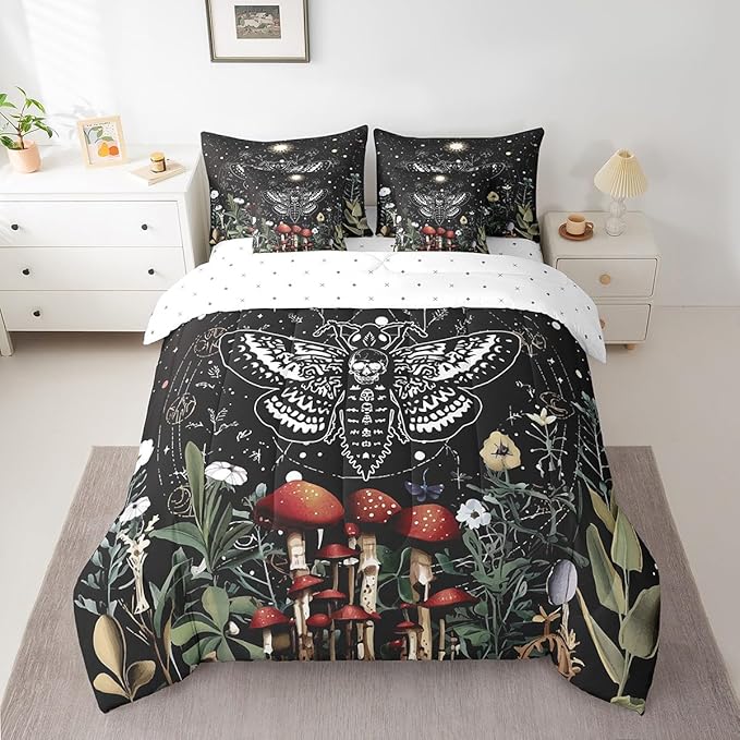 Feelyou Boho Moth Bedding Set Kids Bohemian Galaxy Comforter Set Full Size 7 Pieces Boys Girls Wild Mushroom Floral Bed in a Bag Eoxtic Bed Set with Comforter, Sheet Set, Pillowcases, Pillow Covers