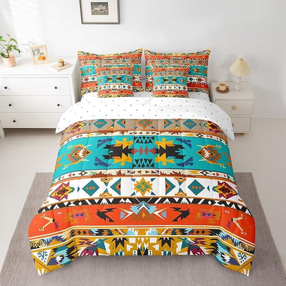 Aztec Bed in a Bag King Size Comforter Set 7 Pieces,Vintage Geometric Bedding Sets Exotic Nordic Western Sheet Set with Comforter