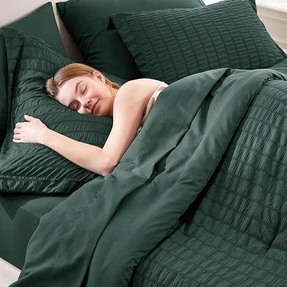 CozyLux King Size Comforter Set Forest Green Seersucker 7 Pieces Bed in a Bag King Comforter Set with Sheets, Luxury Bedding Set with Down Alternative Comforter, Sheets, Pillowcases & Shams All Season