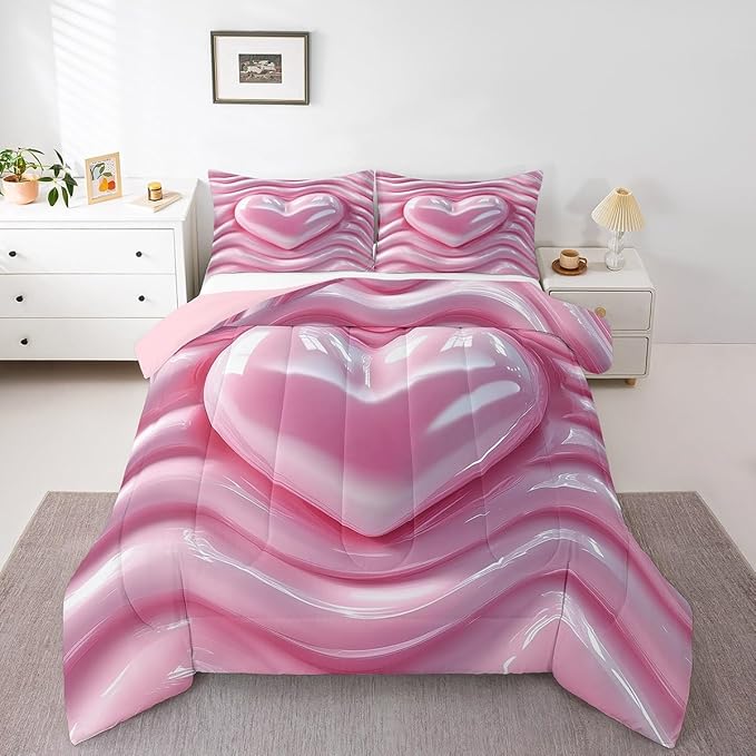 Erosebridal 3D Love Heart Bedding Set Queen Size, Kawaii Decor Down Comforter for Kids Teens Girls Women Room, Pink Girly Comforter Set, Abstract Quilt, Soft Microfiber Decor