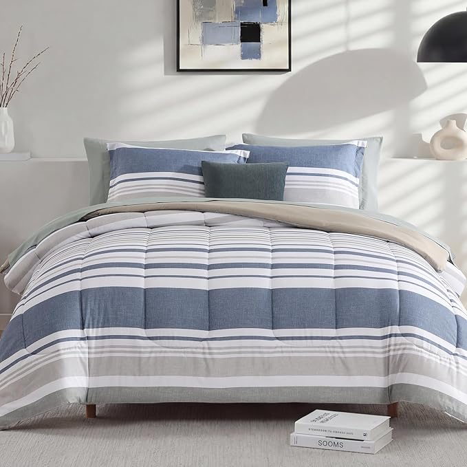 Monbix King Size Comforter Set - 7 Pieces Bed in a Bag King, Ocean Blue-Stripe Bedding Sets, All Seasons Comforter Bed Set with Sheets, Pillowcases & Shams