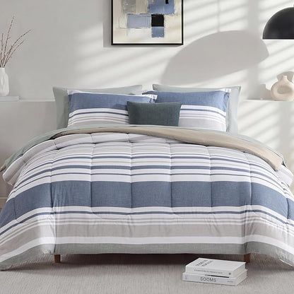 Monbix Queen Comforter Set - 7 Pieces Bed in a Bag Queen, Ocean Blue-Stripe Bedding Sets, All Seasons Comforter Bed Set with Sheets, Pillowcases & Shams