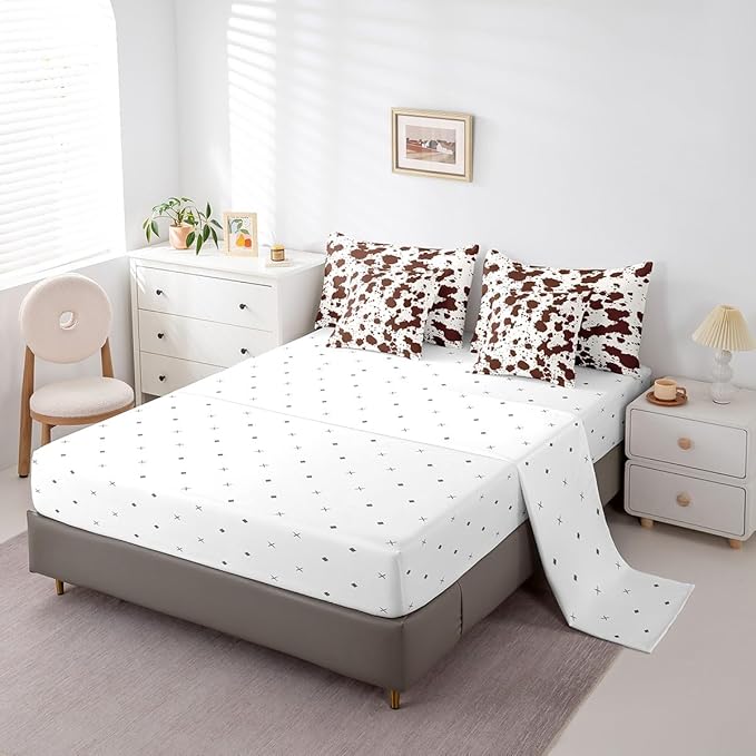 Brown Cow Print Queen Comforter Set 7pcs Farmhouse Animal Bedding Comforter Sets, Wildlife Cowhide Fur Bed in a Bag Modern Abstract Aesthetic Bedding Set, Highland Cow Skin Hair Bed Sheets Set
