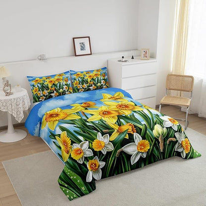 Erosebridal Rustic Flowers Bedding Set for Girls Women,Blossom Daffodil Floral Bedding Comforter Sets Queen Country Farmhouse Comforter Set,Pastoral Green Leaf Quilt Duvet Spring Home Decor