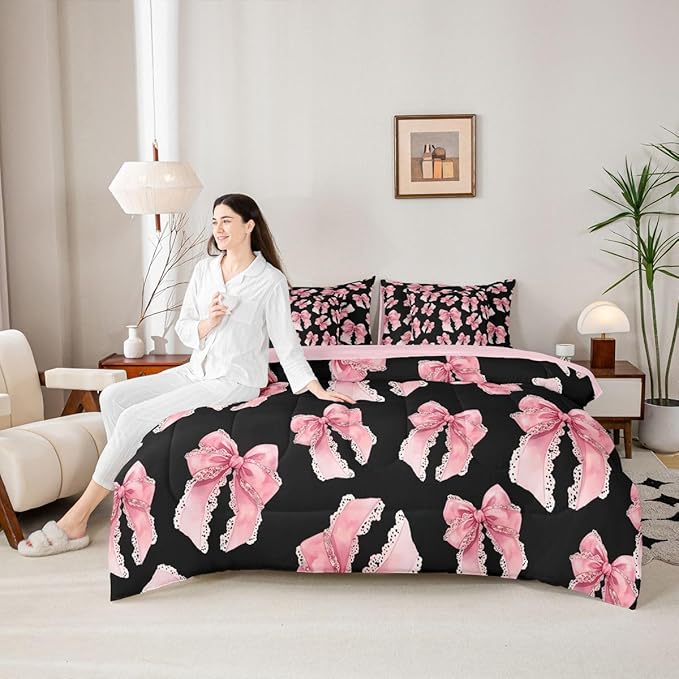 Erosebridal Black Pink Bow Girls Cute Y2K King 7-Piece Comforter Set | Bowknot Kawaii Sheets and Pillowcases Lace Princess Bed in A Bag Dreamy Bed Sets