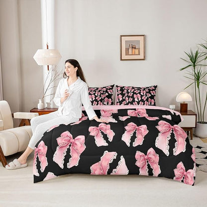 Erosebridal Black Pink Bow Girls Cute Y2K 7 Piece Bedding Set Twin | Bowknot Kawaii Comforter Set with Sheets Lace Princess Bed in A Bag Dreamy Bed Sets