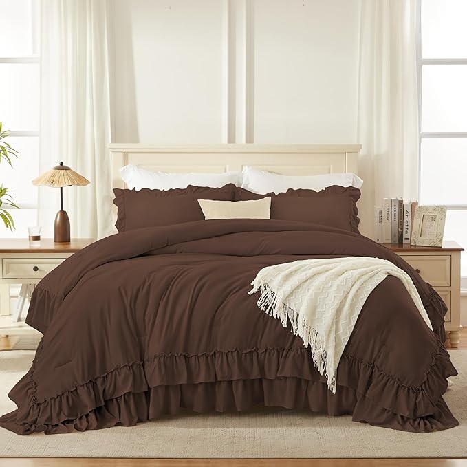 Andency Brown Full Size Comforter Set (79x90Inch), 3 Pieces Fluffy Farmhouse Shabby Chic Ruffle Bedding Comforter Sets, All Season Soft Lightweight Bed Set