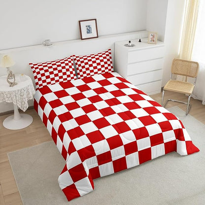 Feelyou Checkered Retro Bedding Set Teen Women Men Red White Plaid Comforter Set Queen Size Kids Boys Girls Geometric Vintage Duvet Insert Modern Simple Groovy Aesthetic Room Decor