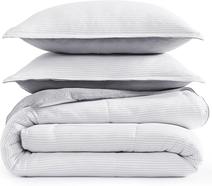 Casa Platino Fluffy Duvet Insert - Pre-Washed Hydro-Brushed 100% Microfiber Comforter Set - Comfy Bedding King Size - Ticking Stripe Silver