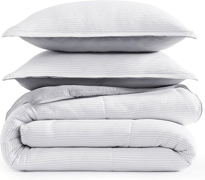 Casa Platino Fluffy Duvet Insert - Pre-Washed Hydro-Brushed 100% Microfiber Comforter Set - Comfy Bedding King Size - Ticking Stripe Silver