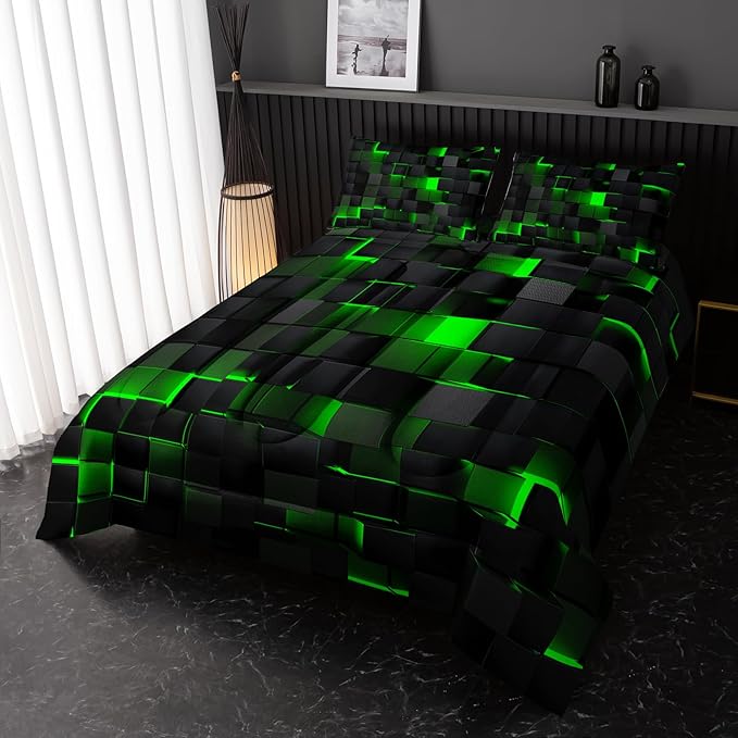 Neon Green Black Comforter Set Twin Geometric Kids Bedding Set,3 PCS Geometry Honeycomb Bed Set Modern Quilt Set 1 Comforter 2 Pillow Cases Cool Room Decor All Season B-Side Black