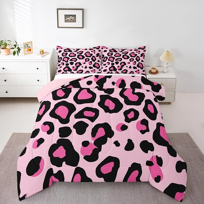 Erosebridal Pink Black Leopard Full Size Comforter Sets for Kids Boys Girls,African Cheetah Print Bedding Set,Farmhouse Rustic Duvet Insert,Wild Animal Skin Quilt Bedroom Decor