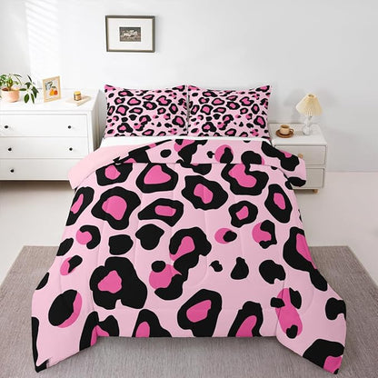 Erosebridal Pink Black Leopard Comforter for Kids Boys Girls,African Cheetah Print Toddler Bedding Set,Farmhouse Rustic Duvet Insert,Wild Animal Skin Quilt Bedroom Decor