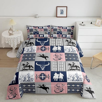 Southwestern Comforter Set Queen Size,Navy Blue Pink Plaid Patchwork Bedding Set 3Pcs,Cowboy Cow Skull Cactus Quilt Set for Boys Girls Men Room Decor,Vintage Rustic Duvet Insert,2 Pillowcases