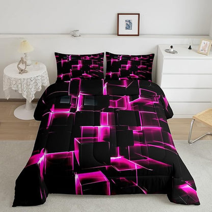 Erosebridal Honeycomb Square Comforter Set for Kids Girls 3D Geometric Square Bedding Queen, Pink Black Neon Lights Bedding Sets, Gradient Print Duvet Insert with 2 Pillow Cases