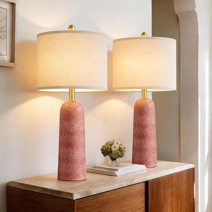 BOBOMOMO 27.25" Modern Table Lamp Set of 2, Red Resin Table Lamps with Stone Look, Lamps for Living Room with Linen Shades, Bedside Lamps for Bedroom Nightstand, Table Lamps for Living Room End Tables