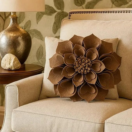 Fennco Styles Handmade 3D Heart-Shaped Petals Flower Decorative Filled Throw Pillow 13" Round - Mocha Floral Pillow for Couch, Home Décor and Holiday, Housewarming Gift
