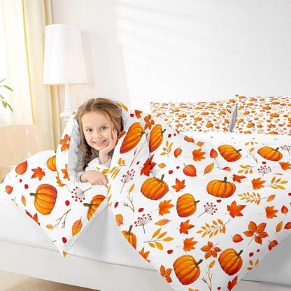 Erosebridal Happy Fall Comforter Set - Halloween Pumpkin Autumn Bedding Sets King, Cute Flowers Maple Leaves Quilted Thanksgiving Comforter Gifts for Kids Boys Girls Home Bedroom Decor 3 Pcs
