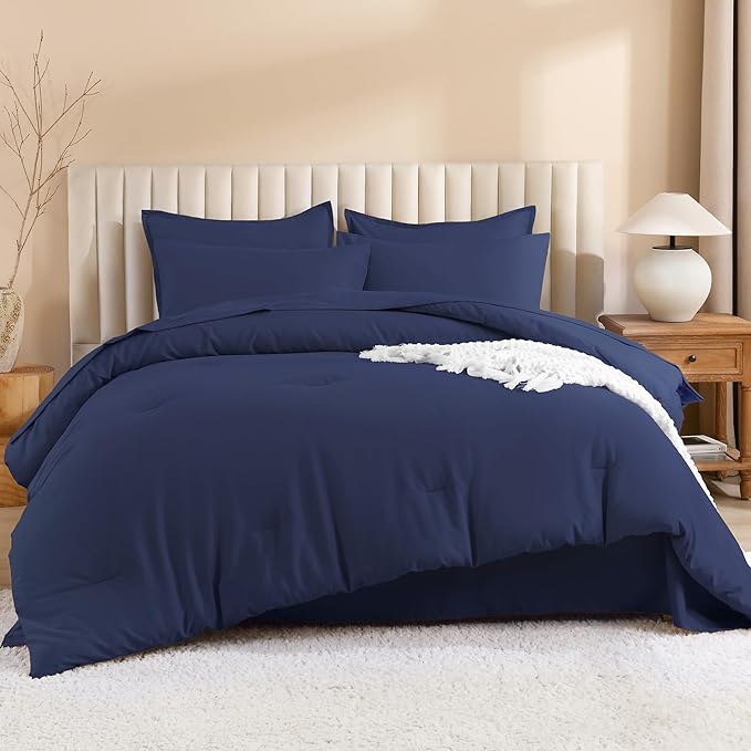 Litanika King Size Comforter Set Navy Blue - 7 Pieces Bed in a Bag King Bedding Comforter Sets, Solid Lightweight Bed Set with Comforter, Sheets, Pillowcases & Shams