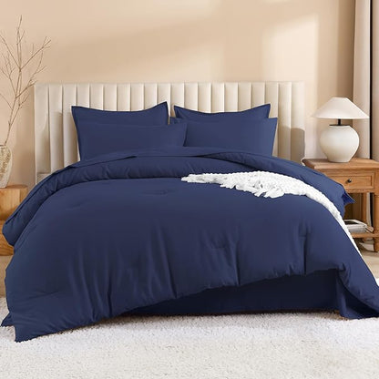 Litanika Super King Plus Comforter Sets Navy Blue - 7 Pieces Bed in a Bag Beddding Sets, Solid Lightweight Bed Set with Comforter, Sheets, Pillowcases & Shams