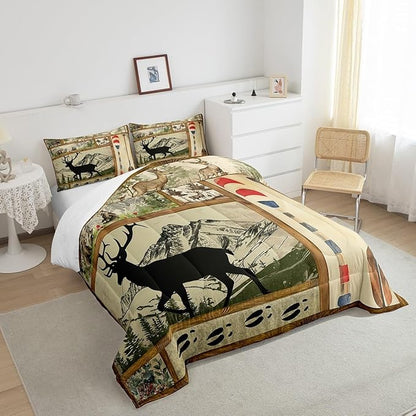 Farmhouse Lake House Decor Comforter Set Twin, Rustic Hunting Deer Bedding for Kids Boys Girls Teens, Retro Wild Animals Down Comforter, Woodland Pine Tree Paddle Plaid Decor Quilted Duvet, 2Pcs