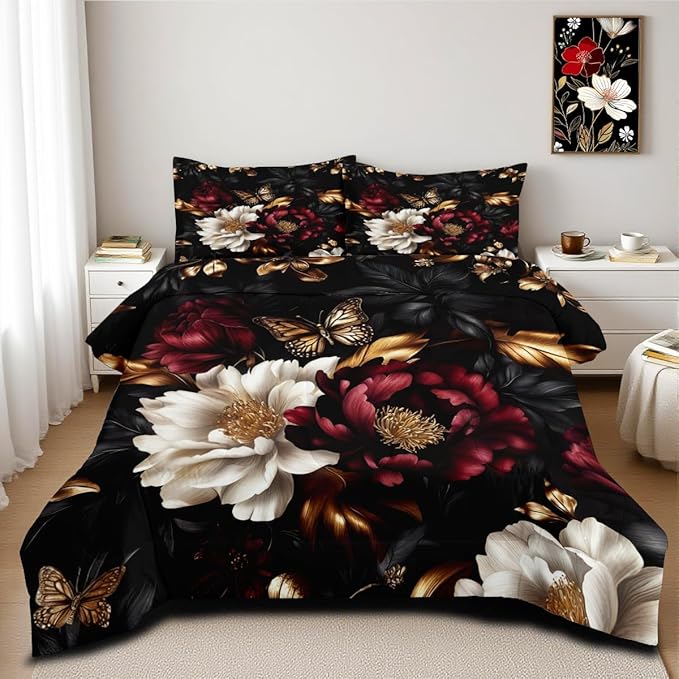 Black Floral Comforter Set Queen Size 3 Pieces Farmhouse Botanical Flower Bedding Set Modern Aesthetic Bedding Soft Lightweight Down Alternative Comforter Sets with 2 Pillowcases