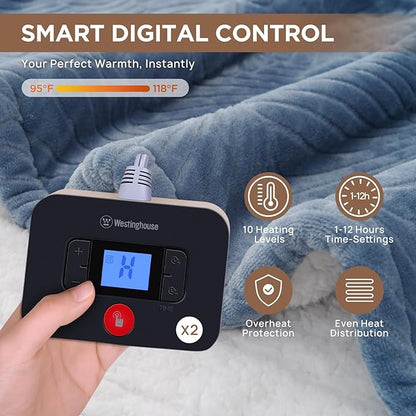 Westinghouse Electric Blanket King, Flower Jacquard Heated Blanket King Size with 10 Heating Levels and 1-12 Hours Auto-Off, Flannel to Sherpa Reversible, Machine Washable (90" x 100", Blue)