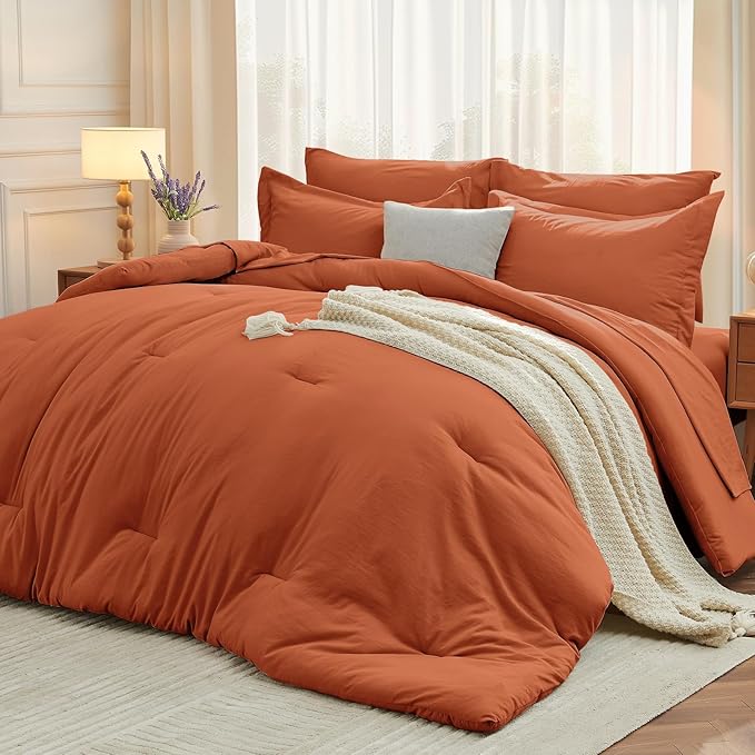 MUXHOMO 7 Pieces California King Comforter Set, Soft Bed in a Bag Cal King Size, All Season Bedding Set with Comforter, Flat Sheet, Fitted Sheet, Pillowcases & Shams, Burnt Orange